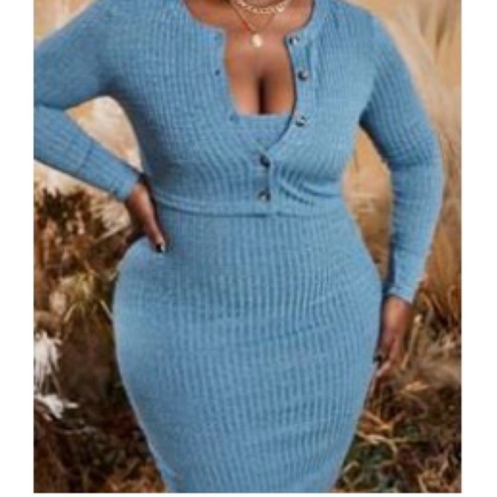 Blue Ribbed Button-Front Bodycon Dress